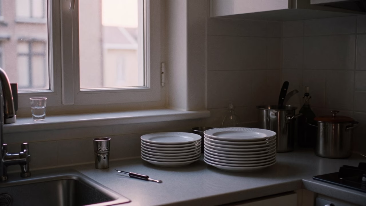 Brussels Belgium Dawn Kitchen Interior with Stacked Plates and Paring Knife in in Brussels, Belgium