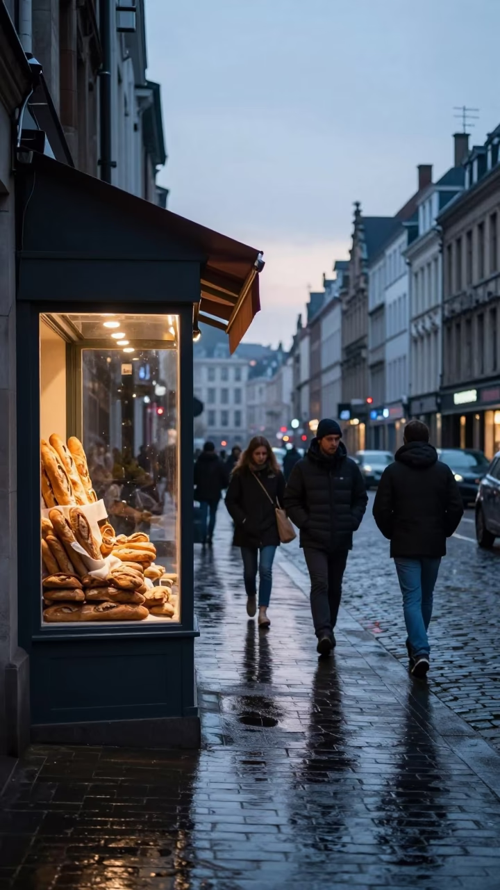 Brussels Belgium Dawn Street Scene with Baguettes and Morning Commuters in in Brussels, Belgium