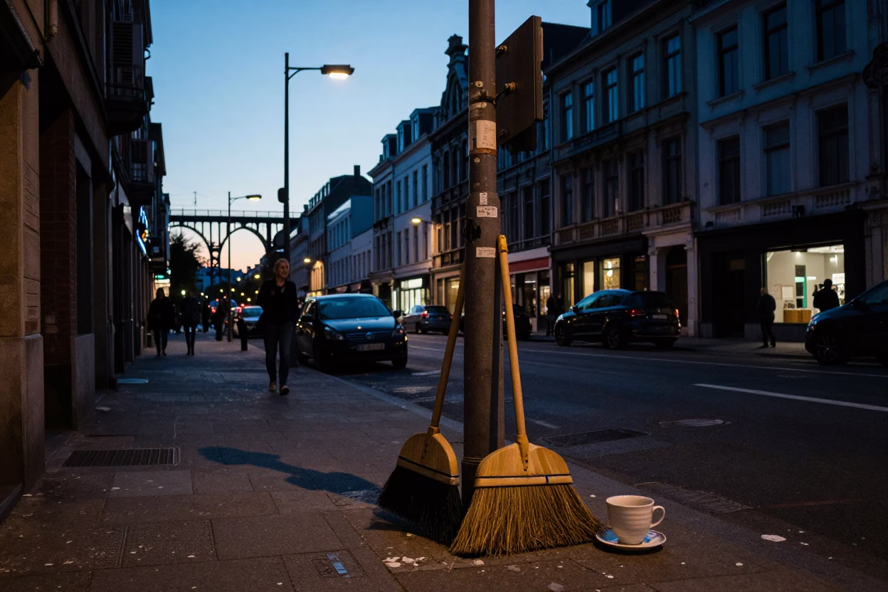 Brussels Belgium Dawn Street Scene with Brooms and Ceramic Cup on Cobblestone Corner in in Brussels, Belgium