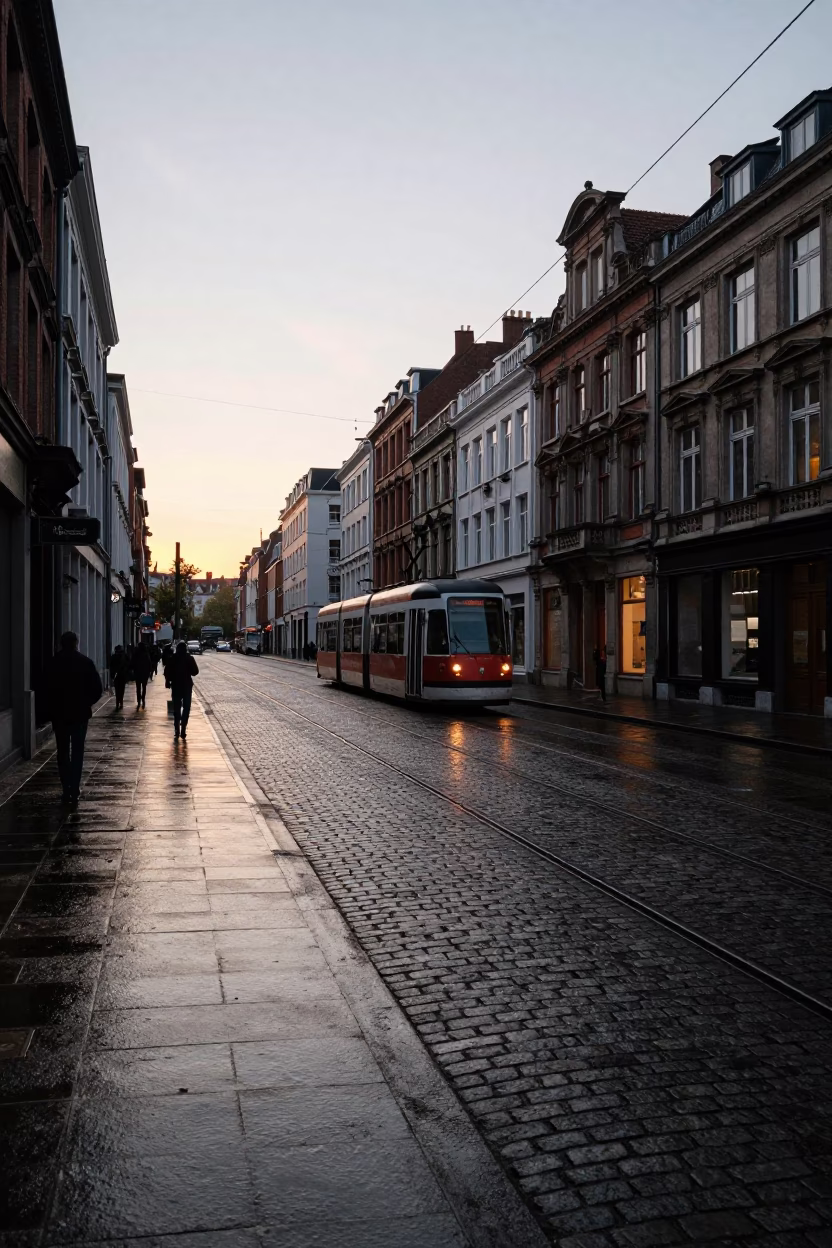 Brussels Belgium Dawn Street Scene with Cobblestones and Classic Architecture in in Brussels, Belgium