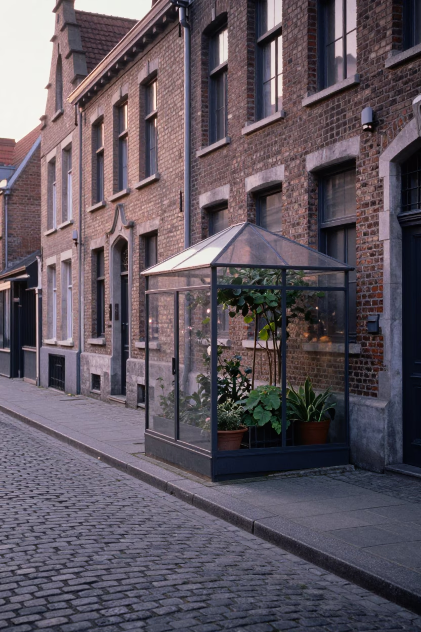 Brussels Belgium Dawn Street Scene with Garden Cloche and Fig Tree in in Brussels, Belgium