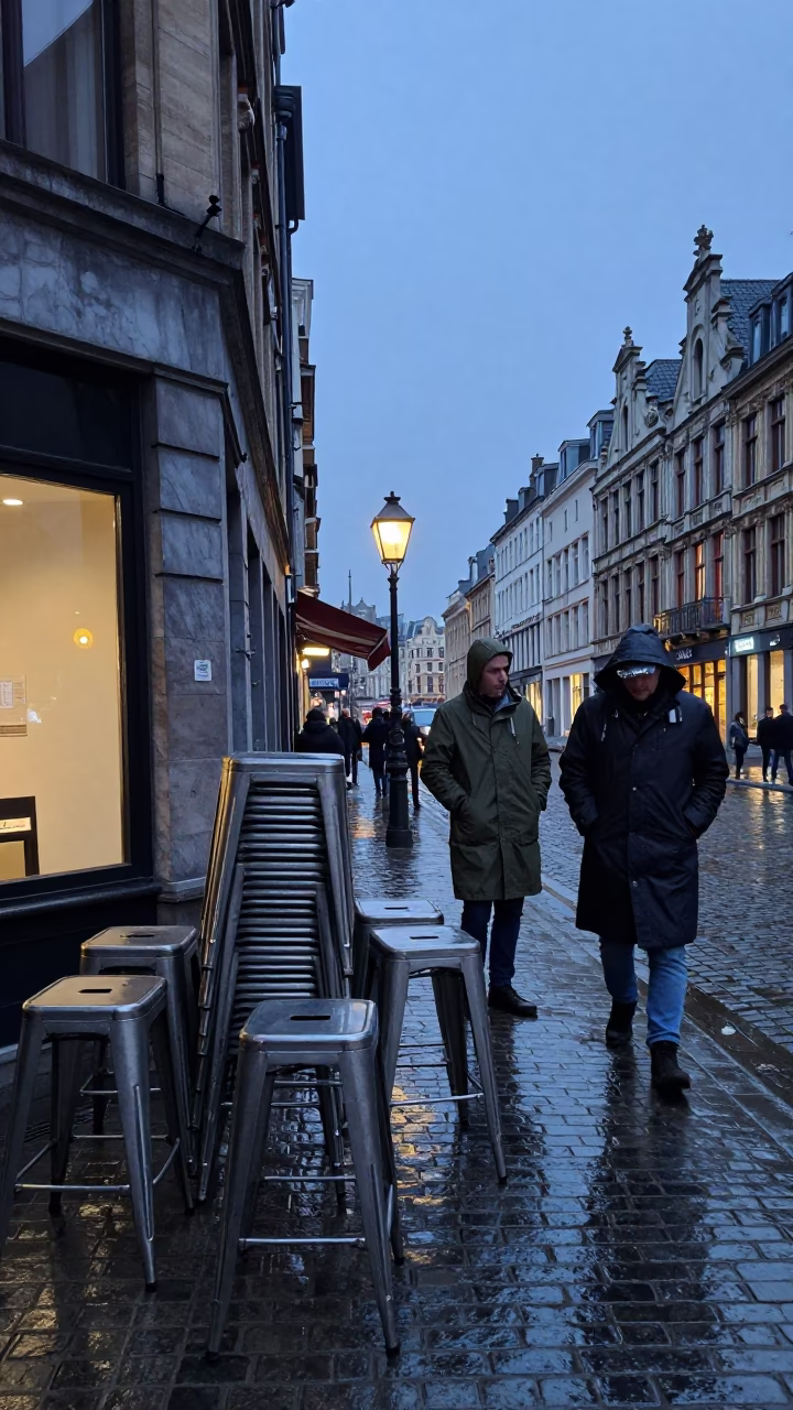 Brussels Belgium dawn street scene with raincoats and metal stools in early morning light in in Brussels, Belgium