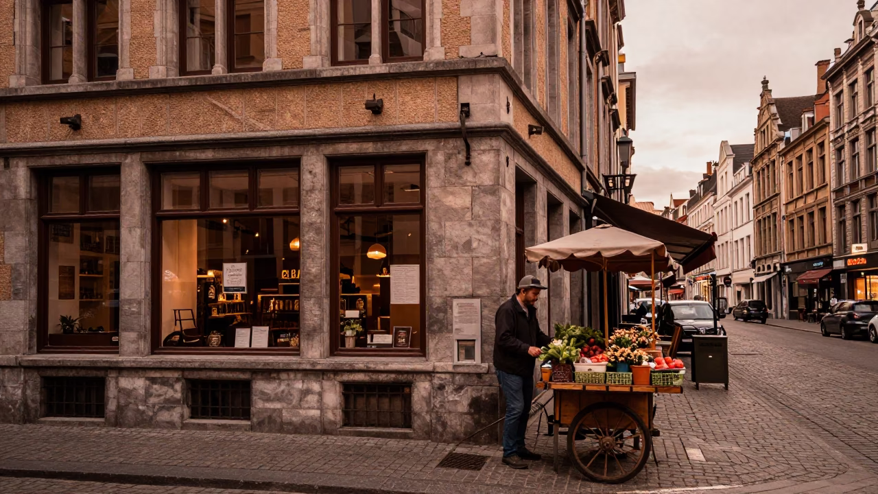 Brussels Belgium Dusk Street Scene with Herb Vendor and Vintage Bellows in in Brussels, Belgium