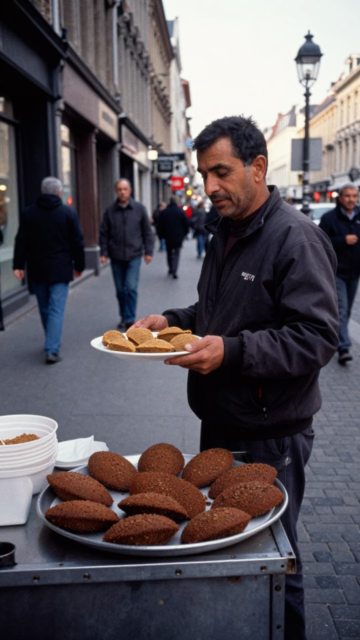 Brussels Belgium Early Afternoon Street Scene with Kibbeh Plate and Urban Life in in Brussels, Belgium