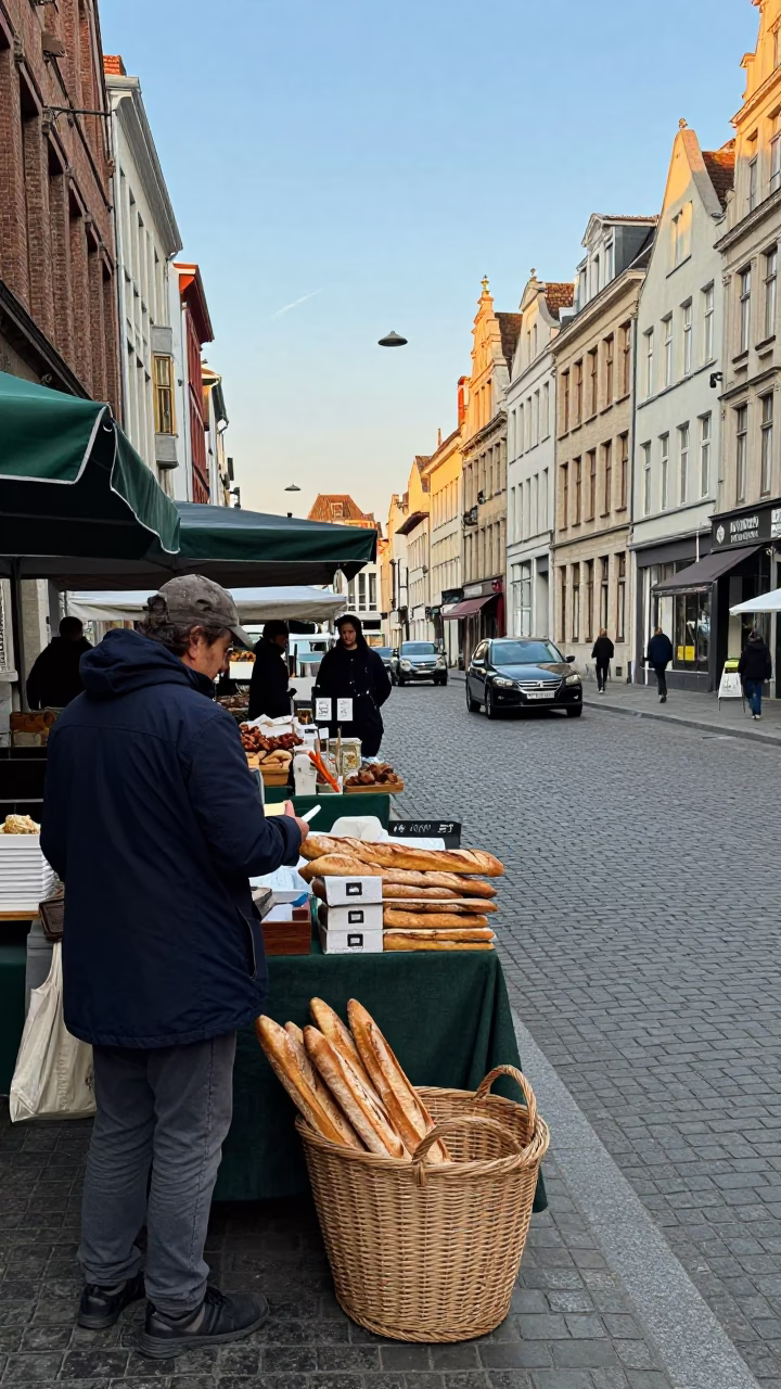 Brussels Belgium Early Afternoon Street Scene with Local Market Goods and Urban Architecture in in Brussels, Belgium