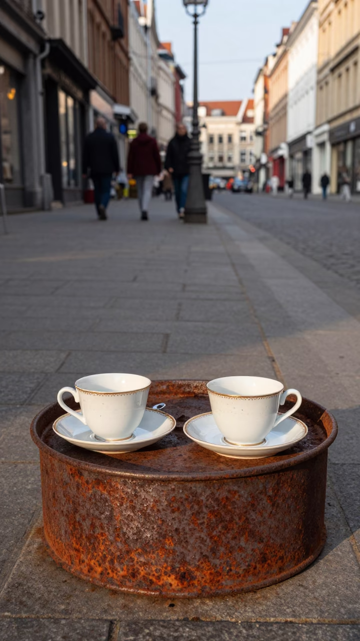 Brussels Belgium Early Afternoon Street Scene with Teacups and Rust in in Brussels, Belgium
