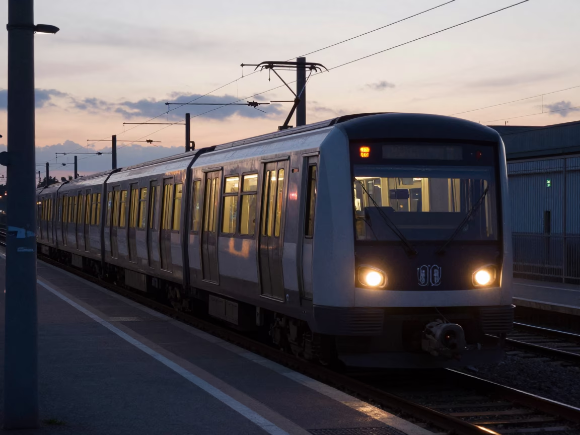 Brussels Belgium Early Evening Metro Train Emerging from Tunnel at Station Platform in in Brussels, Belgium