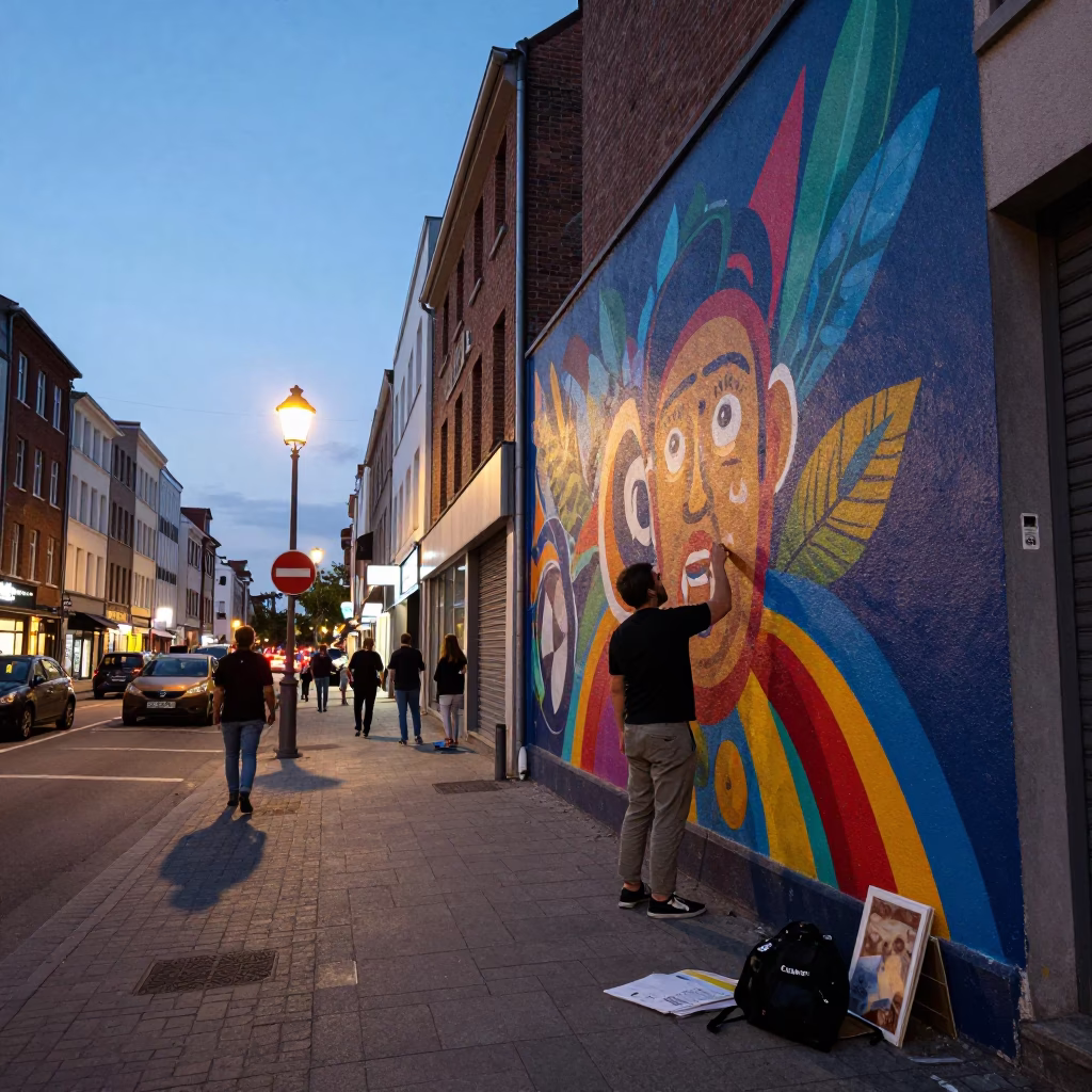 Brussels Belgium Early Evening Street Scene with Artist Painting Mural and Pomegranate in in Brussels, Belgium