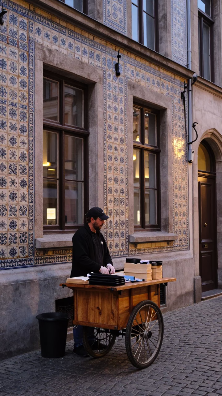 Brussels Belgium Early Evening Street Scene with Ceramic Tiles and Blue Porcelain Jar in in Brussels, Belgium