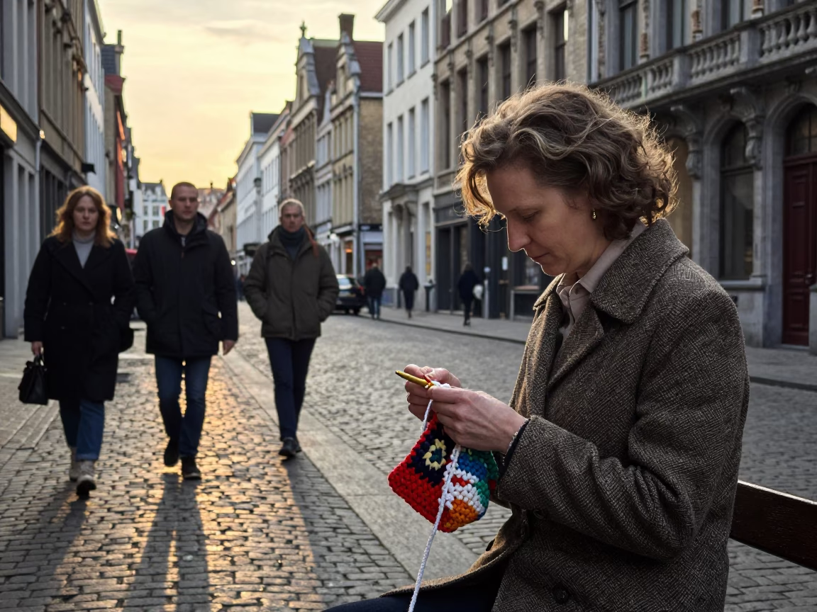 Brussels Belgium Early Evening Street Scene with Crochet Hook and Gravy Boat in in Brussels, Belgium