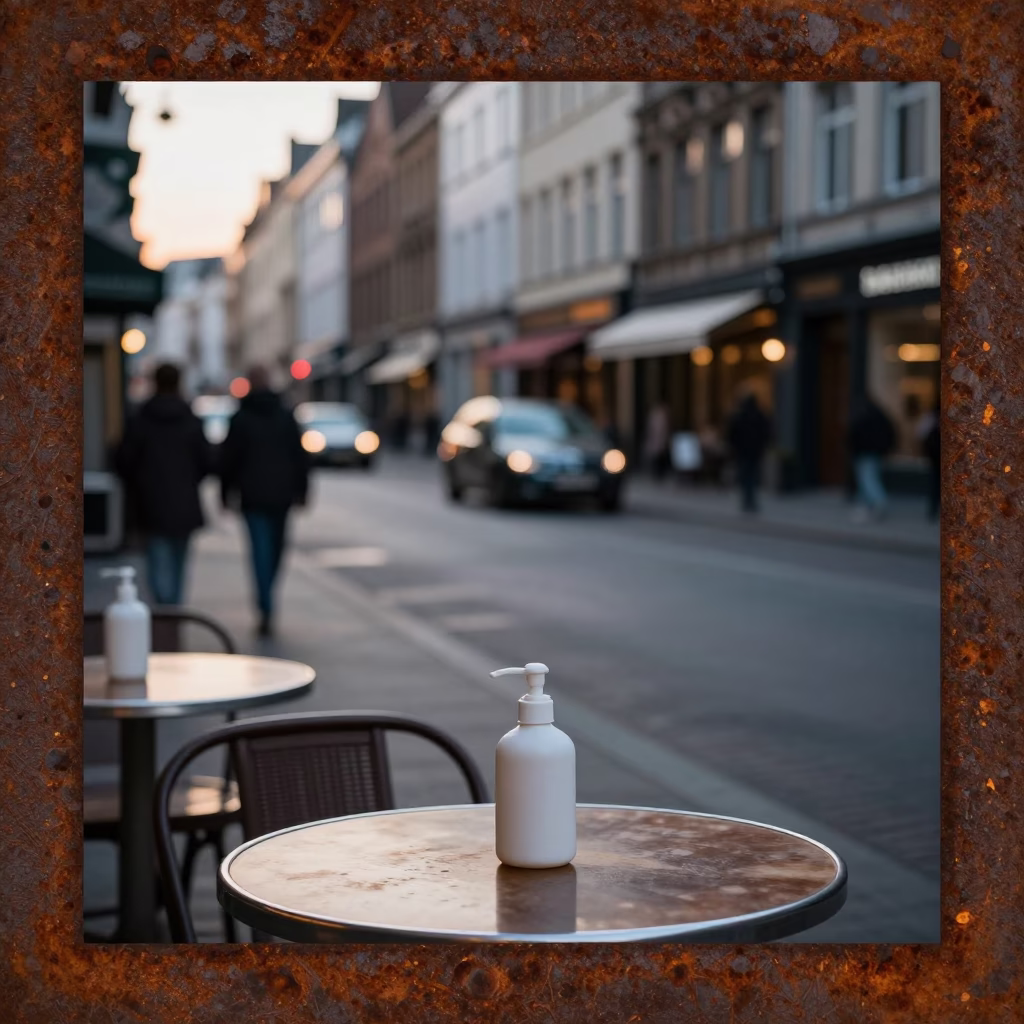 Brussels Belgium Early Evening Street Scene with Rusty Frame and Soap Bottle on Table in in Brussels, Belgium
