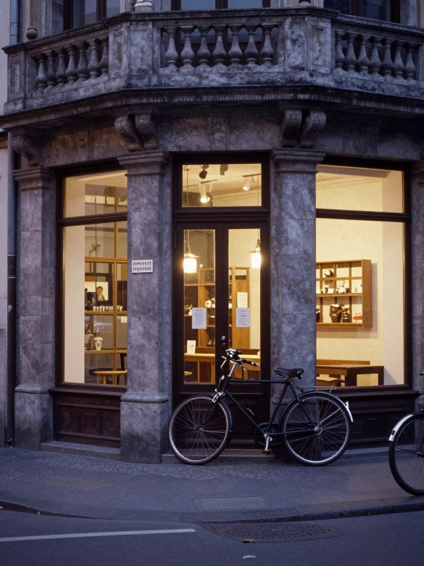 Brussels Belgium Early Evening Street Scene with Vintage Bicycle and Traditional Bakery Display in in Brussels, Belgium