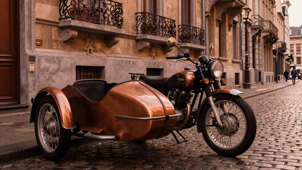 Brussels Belgium Evening Light Vintage Motorcycle Sidecar Cobblestone Street Scene in in Brussels, Belgium