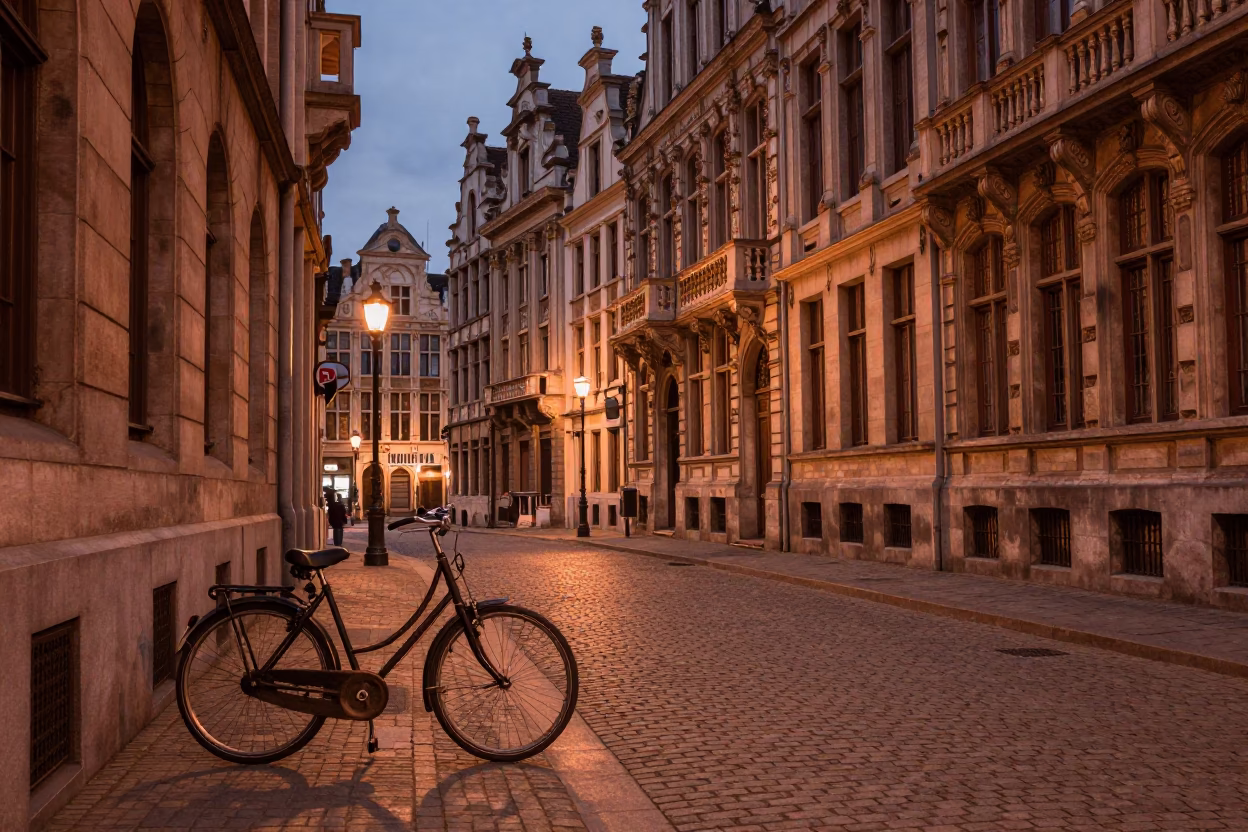 Brussels Belgium Evening Street Scene With Bicycle And Copper Toned Dusk Light in in Brussels, Belgium