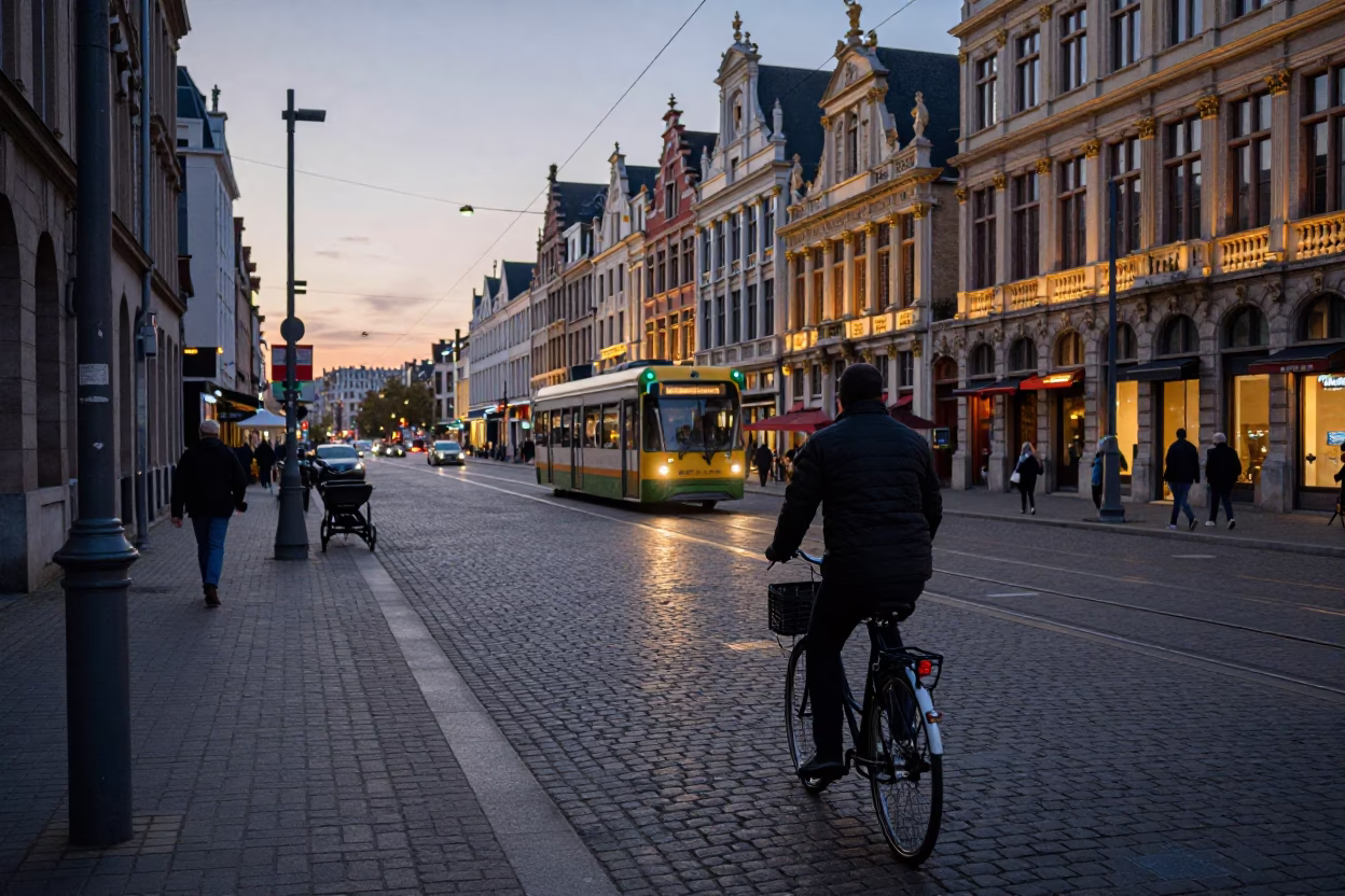 Brussels Belgium Evening Street Scene with Bicycle Baguettes and Funicular Hill Climb in in Brussels, Belgium