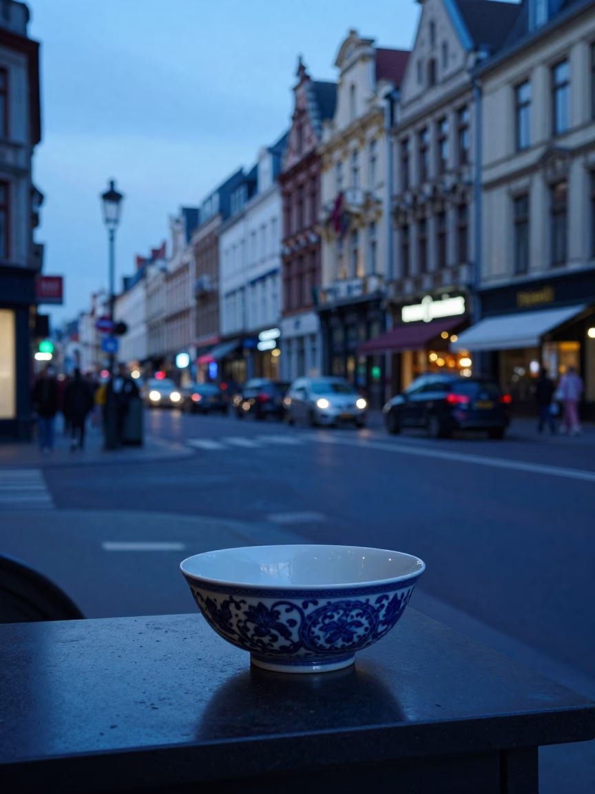 Brussels Belgium Evening Street Scene with Blue Porcelain Bowl and Water Taxi Dock in in Brussels, Belgium