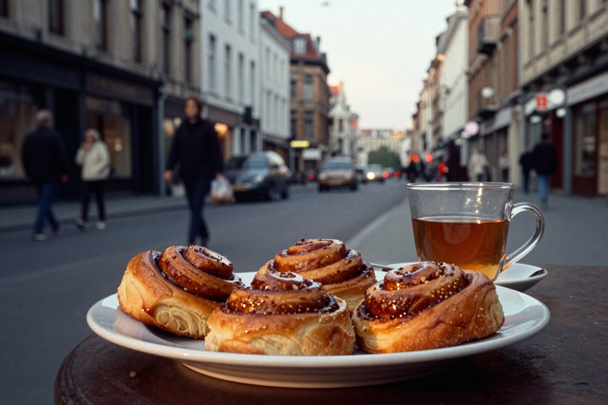 Brussels Belgium Evening Street Scene with Cinnamon Rolls and Tea Stains in in Brussels, Belgium