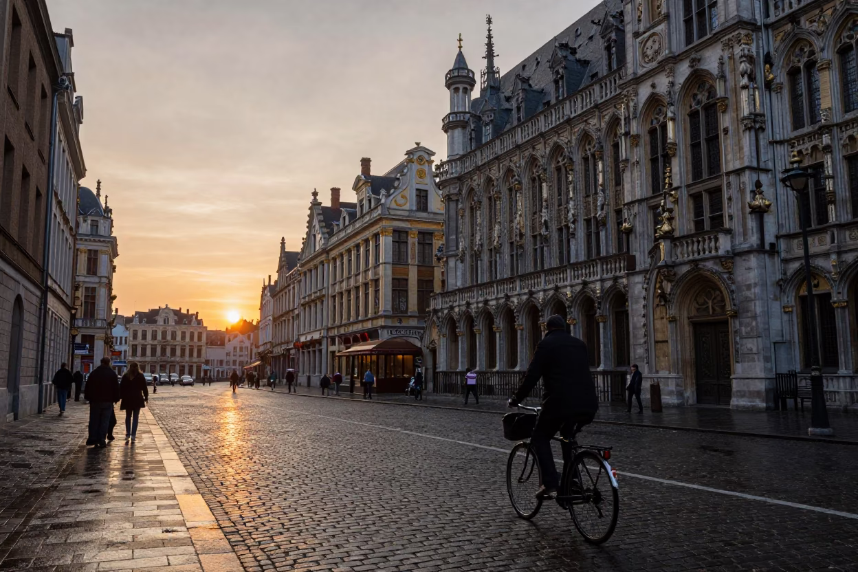 Brussels Belgium Evening Street Scene with Cobblestones and Classic Architecture at Sunset in in Brussels, Belgium