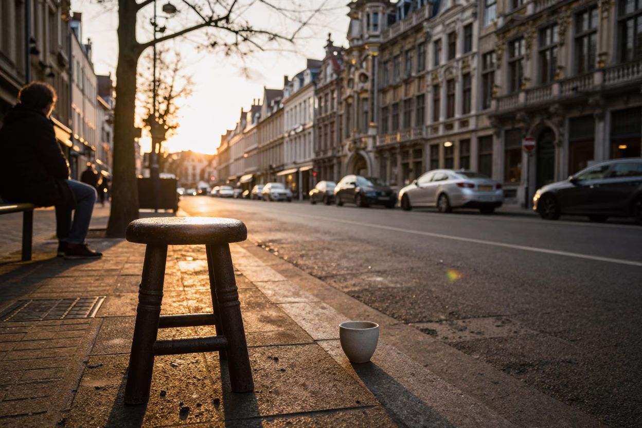 Brussels Belgium Evening Street Scene with Condensation on Stool and Cup in Honeyed Light in in Brussels, Belgium