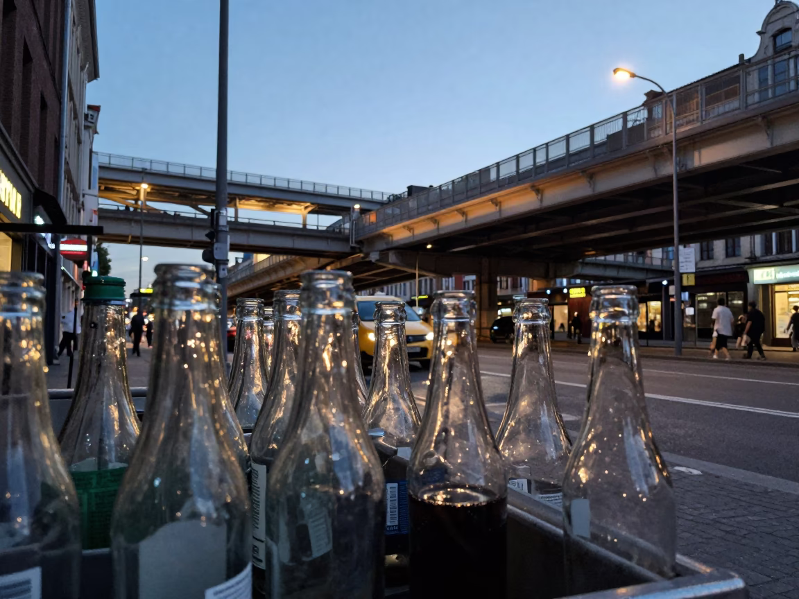 Brussels Belgium Evening Street Scene with Glass Bottles and Urban Interchange in in Brussels, Belgium