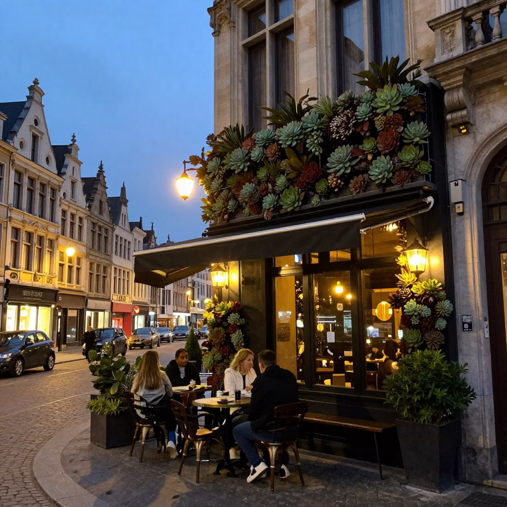 Brussels Belgium Evening Street Scene with Living Wall Succulents and Traditional Pastries in in Brussels, Belgium