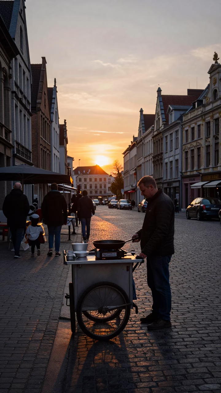 Brussels Belgium evening street scene with local vendor and traditional cookware in in Brussels, Belgium