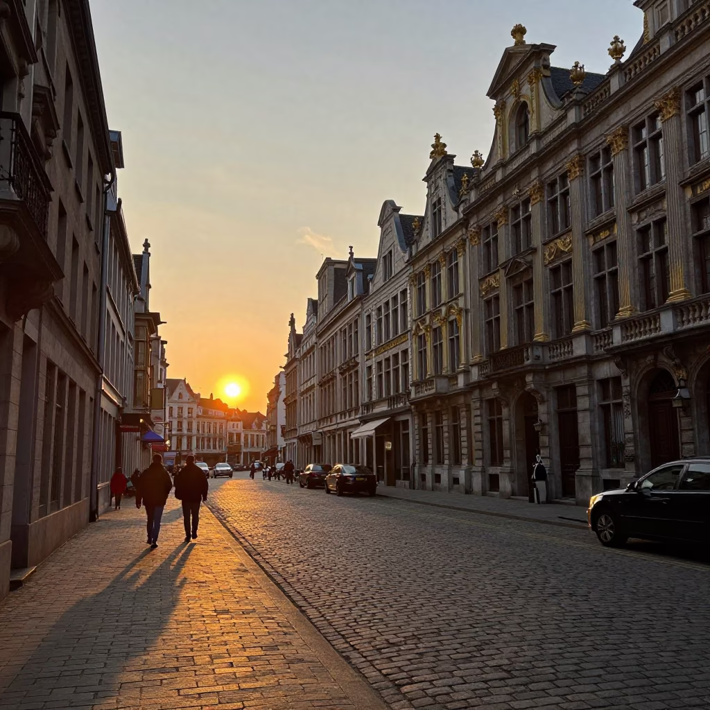Brussels Belgium Evening Street Scene with Vintage 1980s Atmosphere and Local Details in in Brussels, Belgium