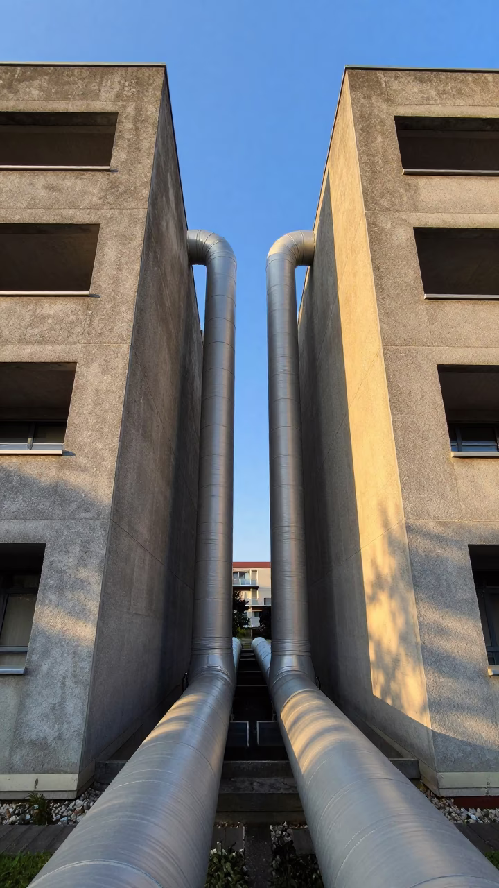 Brussels Belgium Golden Hour District Heating Pipe Between Concrete Apartment Blocks in in Brussels, Belgium