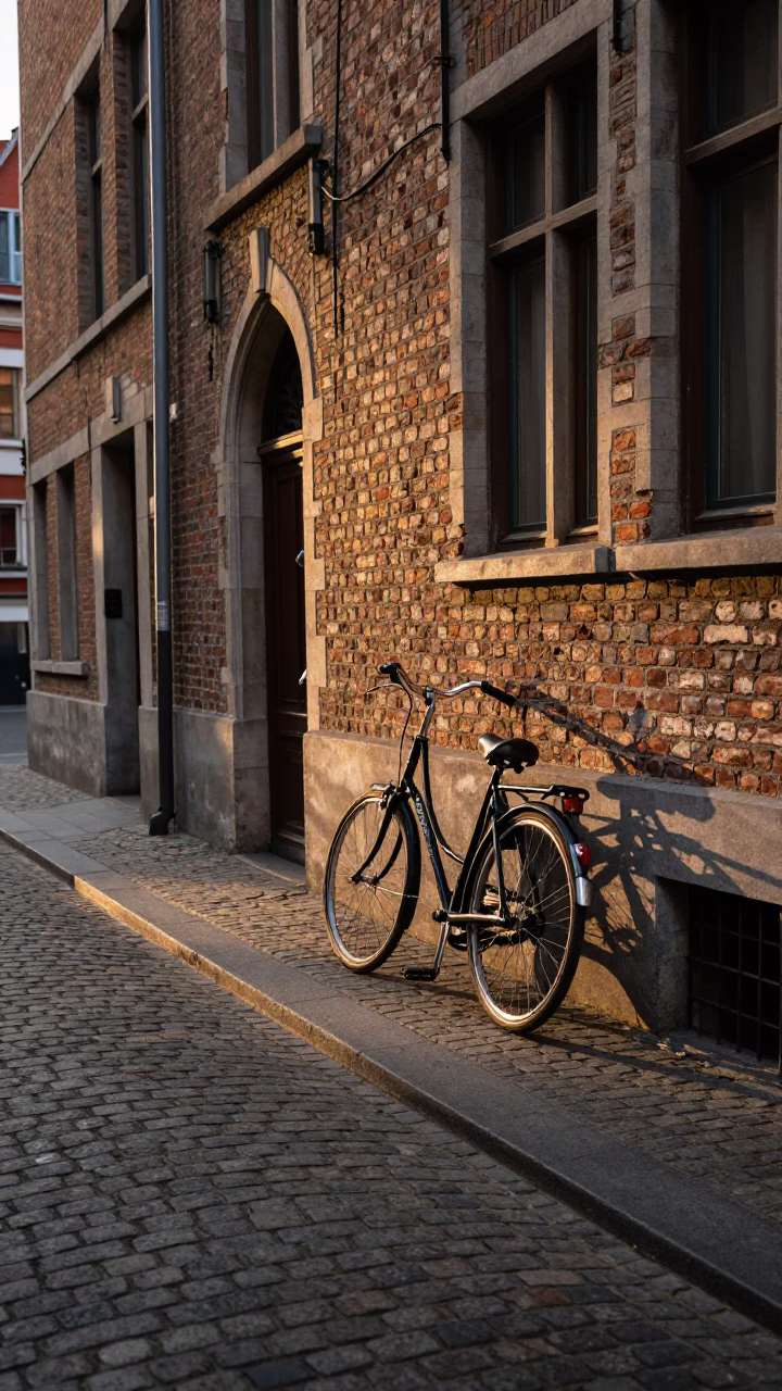 Brussels Belgium Golden Hour Street Scene with Bicycle and Cobblestone Alley in in Brussels, Belgium