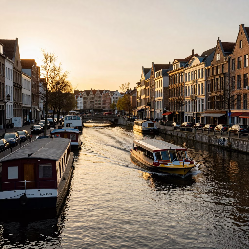 Brussels Belgium Golden Hour Street Scene with Canal Houseboats and Water Taxi in in Brussels, Belgium