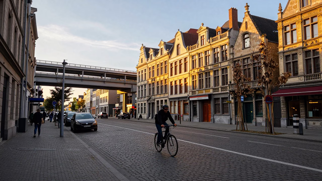 Brussels Belgium Golden Hour Street Scene with Highway Flyover Stack and Dried Dahlia in in Brussels, Belgium