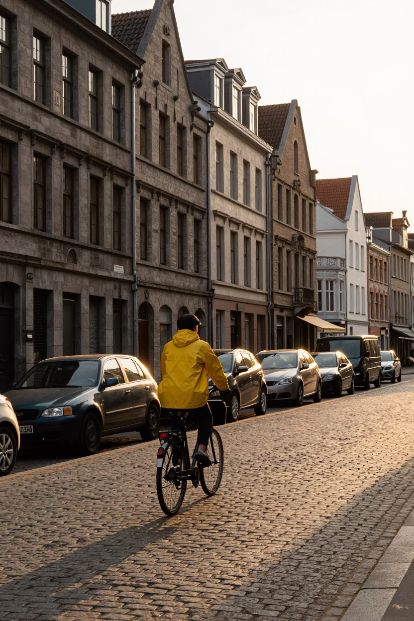 Brussels Belgium Golden Hour Street Scene with Vintage 1980s Aesthetic and Urban Details in in Brussels, Belgium
