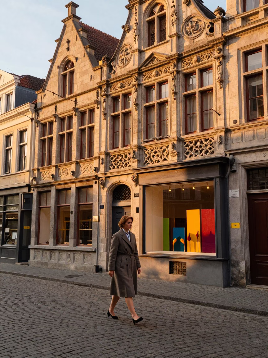 Brussels Belgium Golden Hour Street Scene with Vintage Architecture and Local Life in in Brussels, Belgium