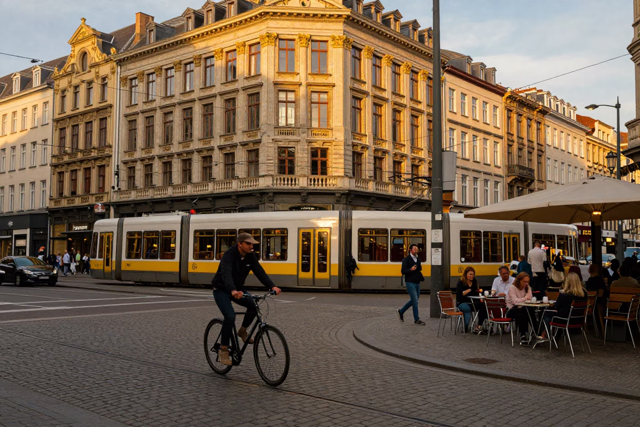 Brussels Belgium Honeyed Evening Light Busy Street Scene with Tram and Cobblestone in in Brussels, Belgium