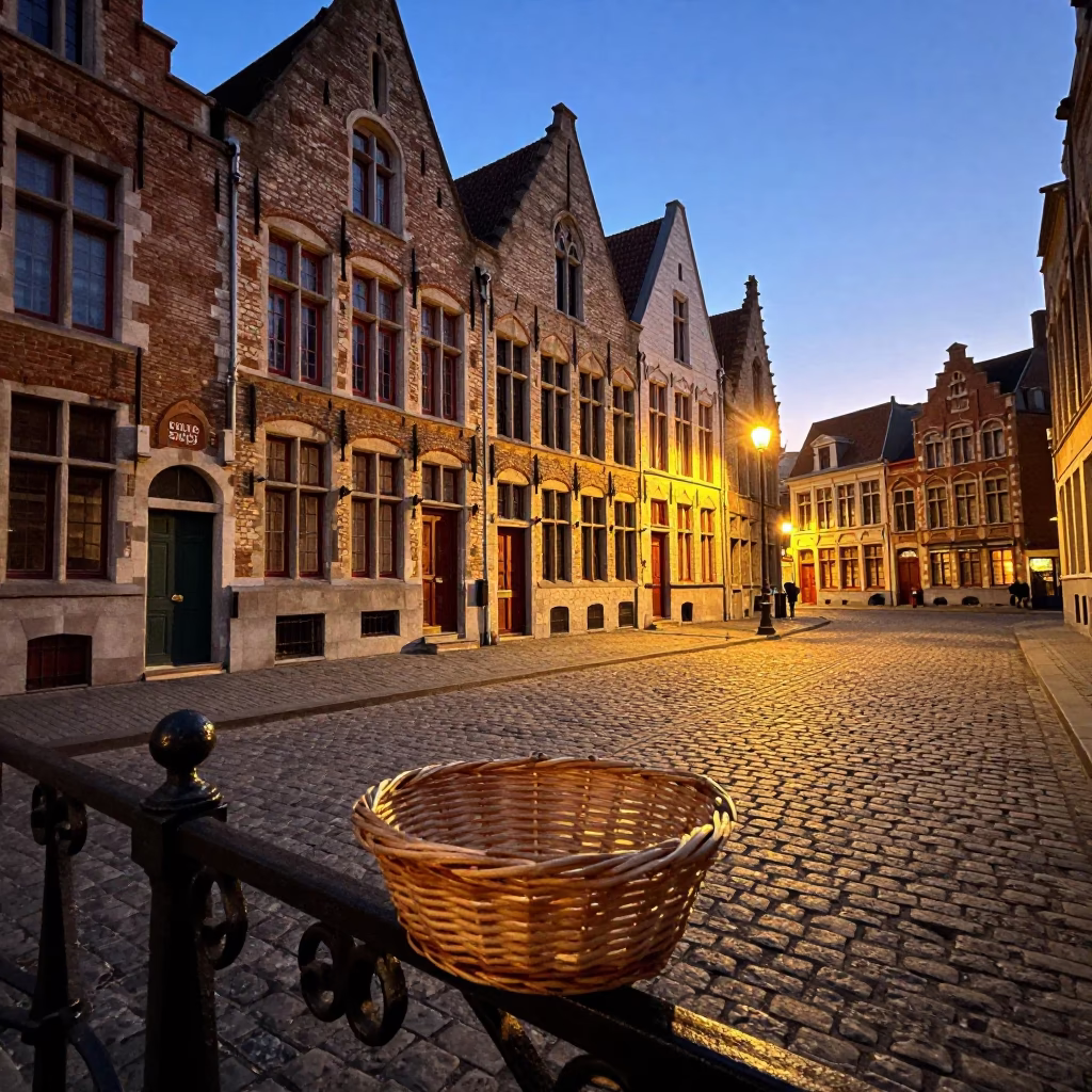 Brussels Belgium Honeyed Evening Light Cobblestone Street Scene with Traditional Bread Basket in in Brussels, Belgium