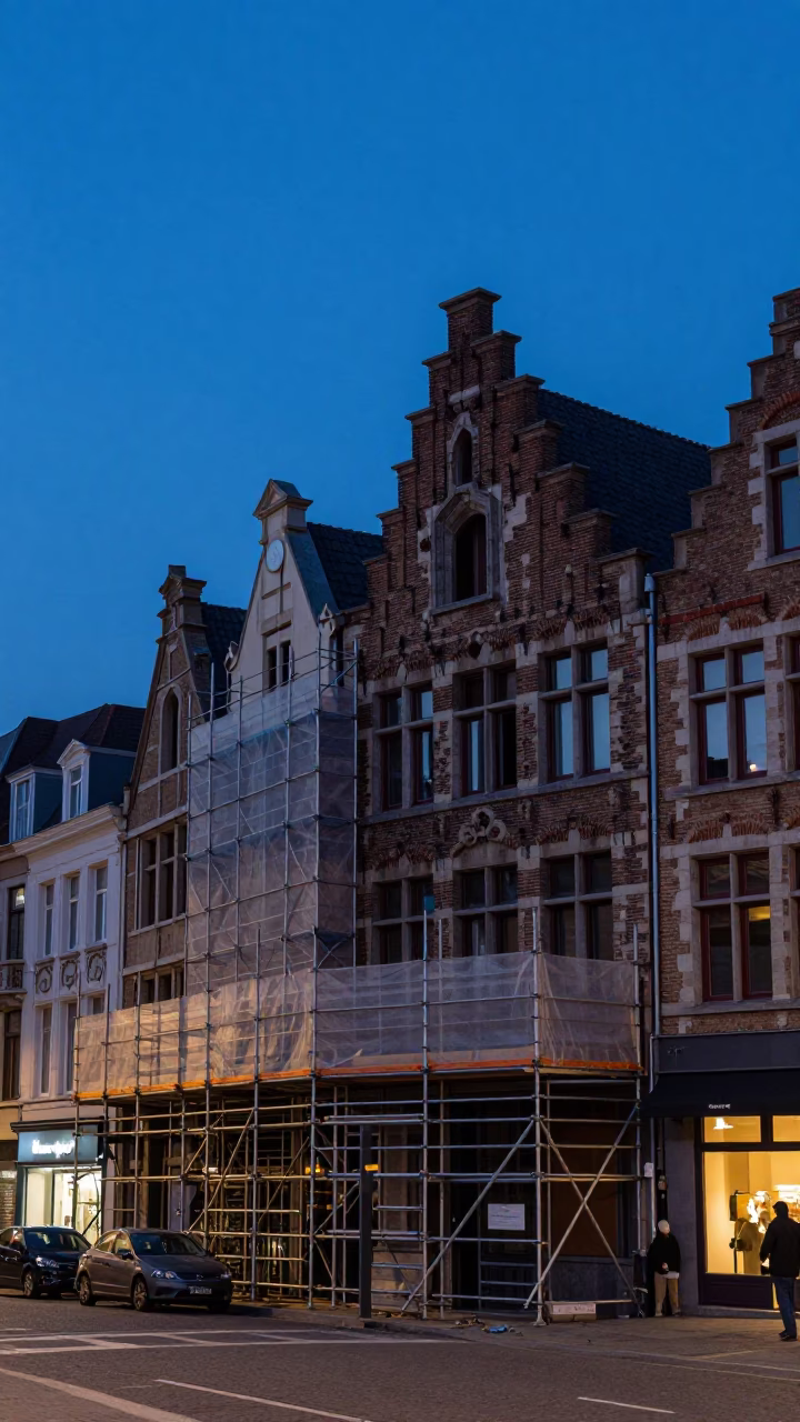 Brussels Belgium Indigo Twilight Street Scene with Construction Scaffolding and Urban Details in in Brussels, Belgium