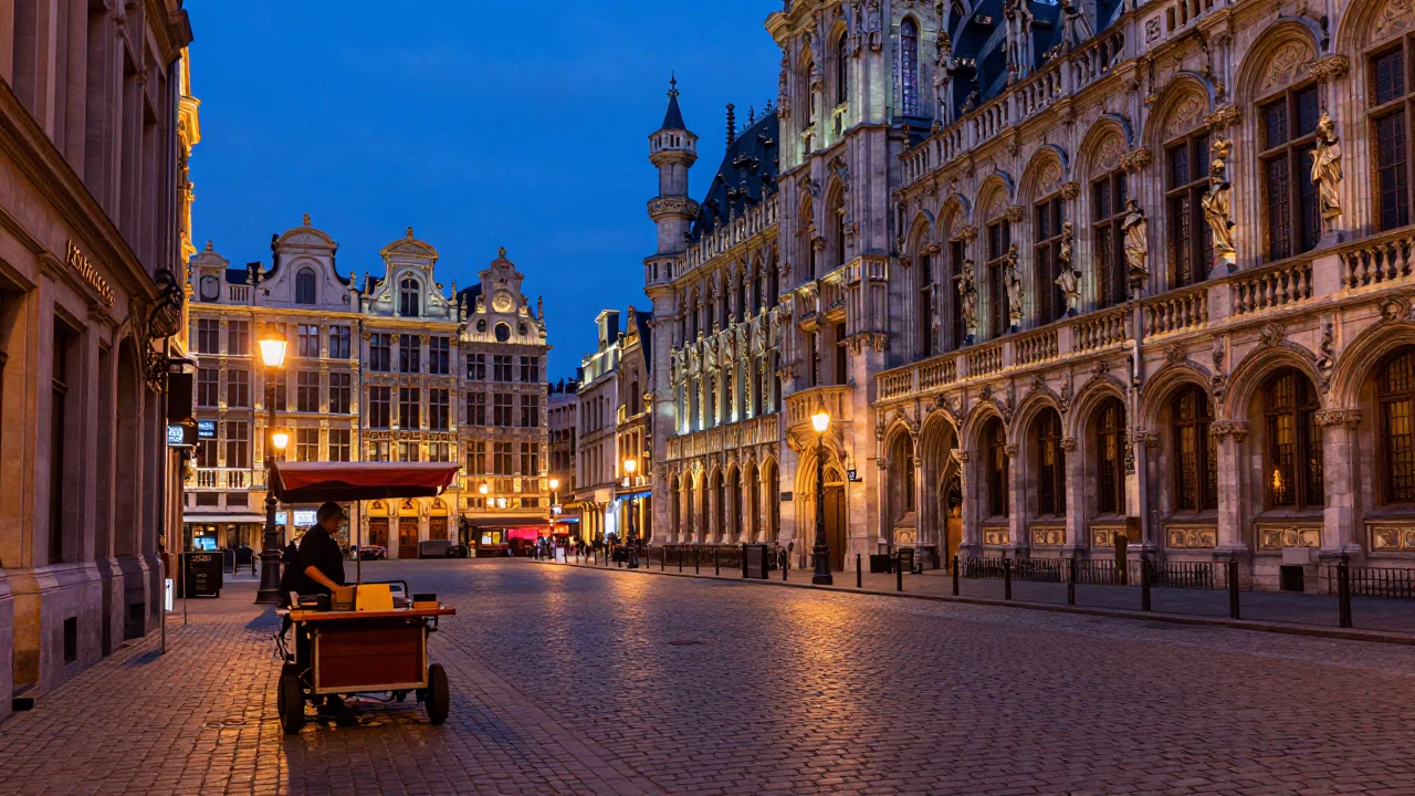 Brussels Belgium Indigo Twilight Street Scene with Orange Peel and Coat Brush in in Brussels, Belgium