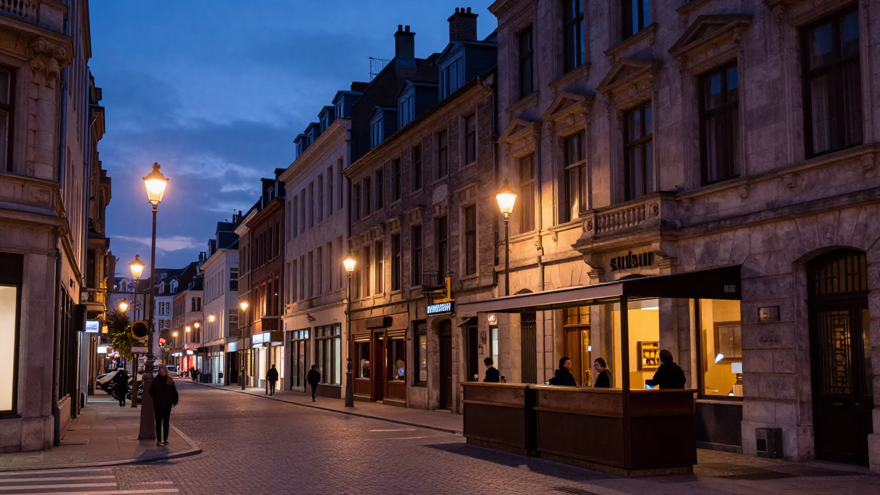 Brussels Belgium Indigo Twilight Street Scene with Reception Desk and Hotel Lobby Details in in Brussels, Belgium