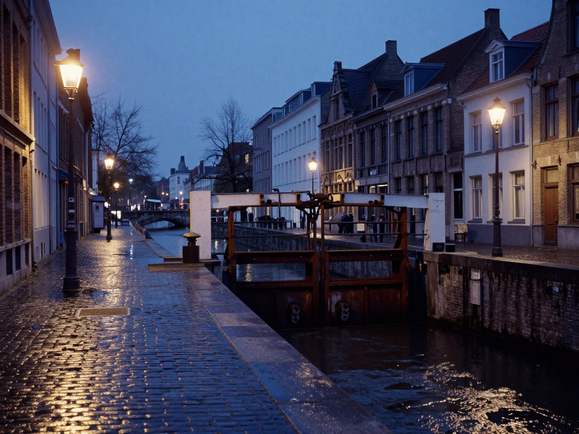 Brussels Belgium Indigo Twilight Street Scene with Sluice Gate and Canal in in Brussels, Belgium