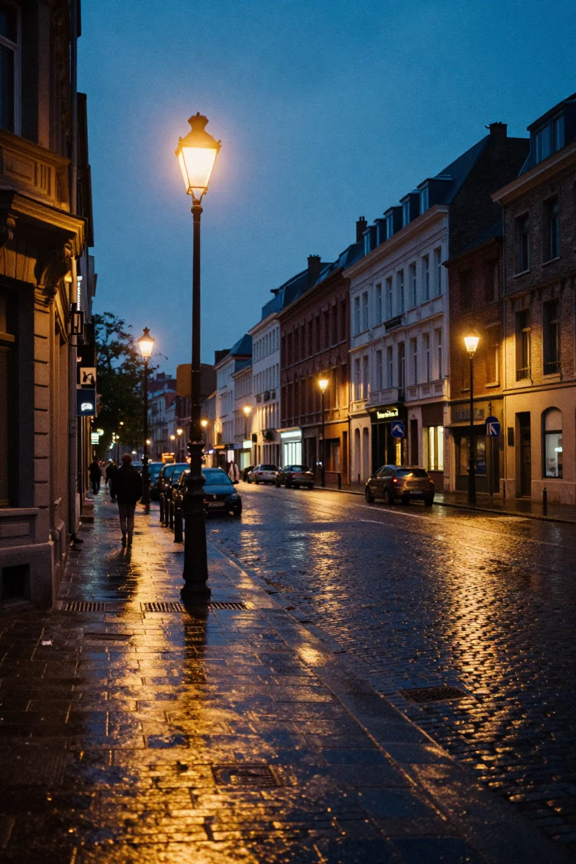 Brussels Belgium indigo twilight street scene with vintage 1980s aesthetic and urban architecture in in Brussels, Belgium