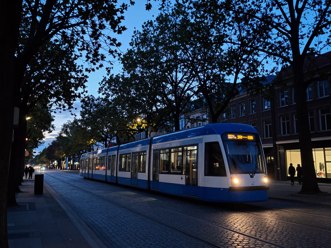 Brussels Belgium Indigo Twilight Tramcar Passing Tree Lined Boulevard Street Scene in in Brussels, Belgium