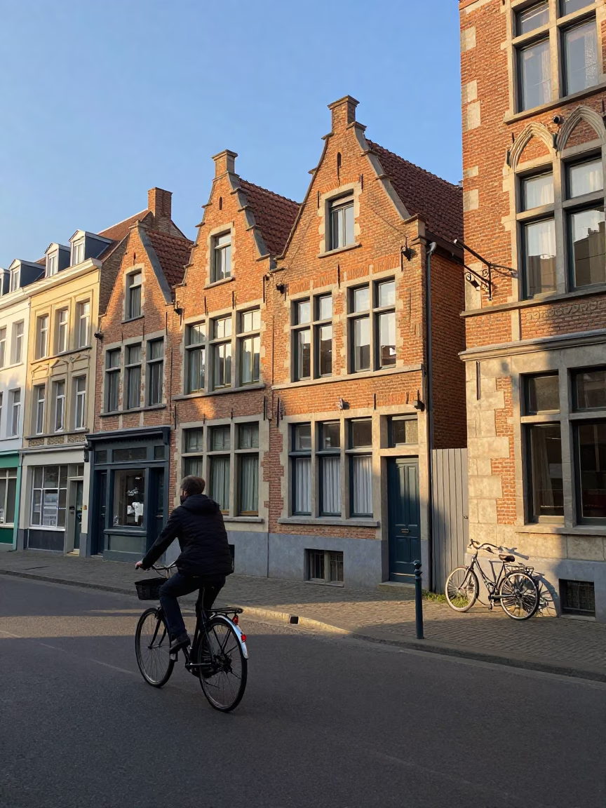 Brussels Belgium late afternoon street scene with bicycle and historic architecture in in Brussels, Belgium