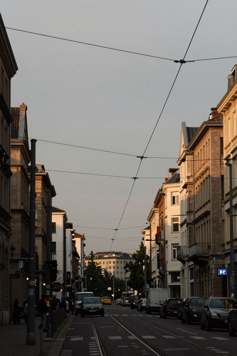 Brussels Belgium Late Afternoon Street Scene with Catenary Lines and Wicker Shadows in in Brussels, Belgium