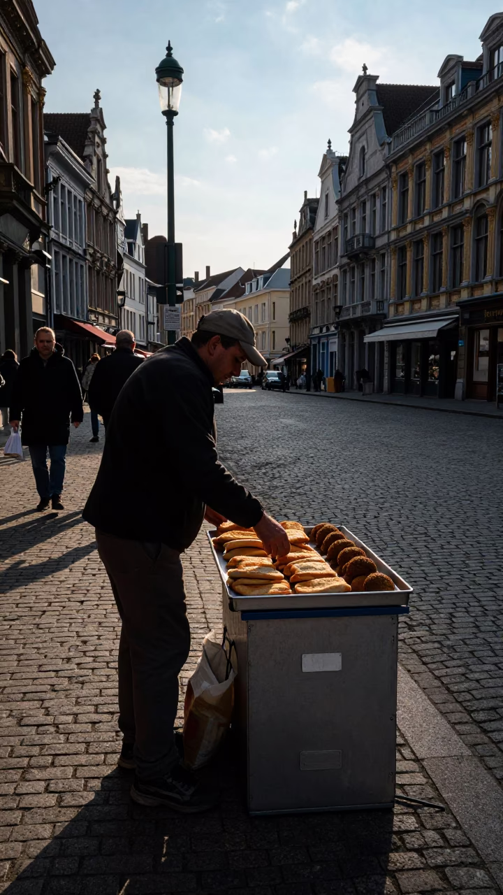 Brussels Belgium Late Afternoon Street Scene with File Box and Falafel Tray in in Brussels, Belgium