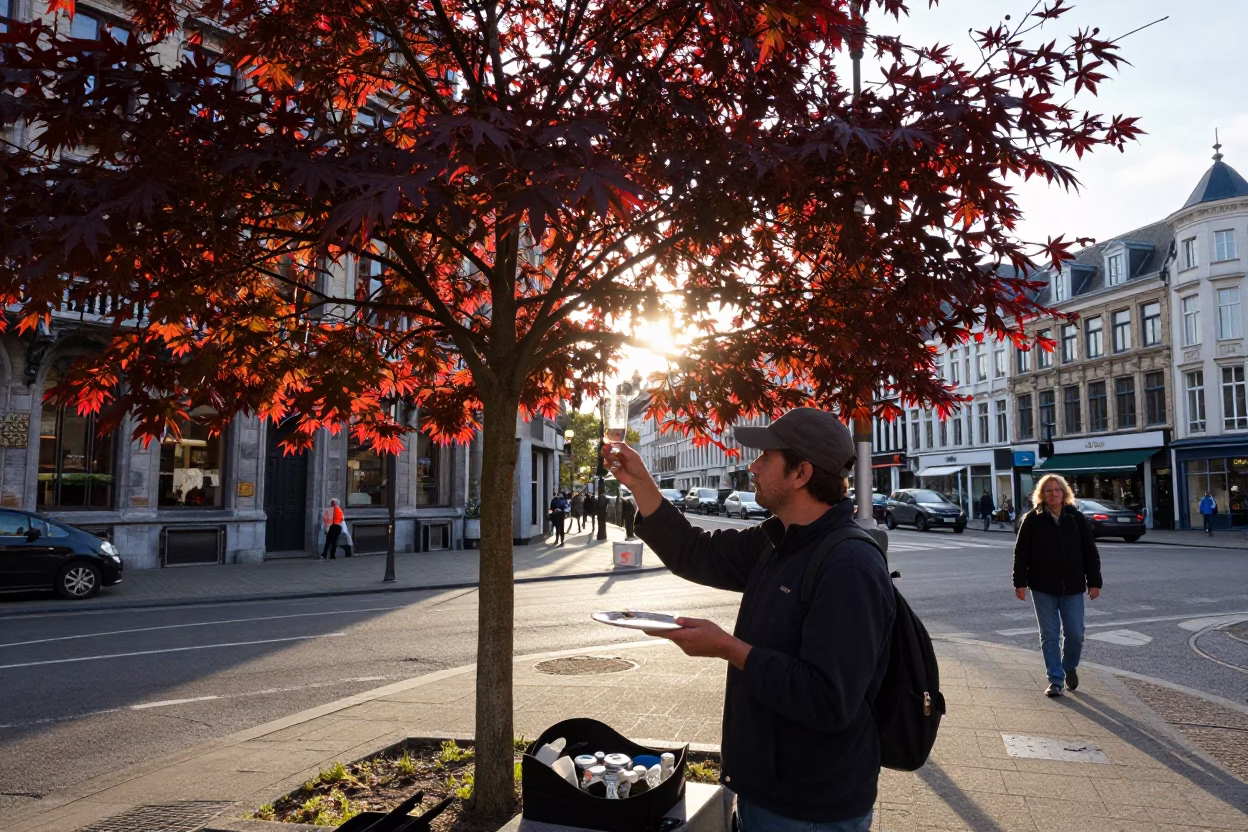 Brussels Belgium Late Afternoon Street Scene with Japanese Maple and Chai in in Brussels, Belgium