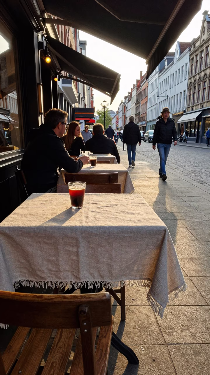 Brussels Belgium Late Afternoon Street Scene with Linen Tablecloth and Urban Activity in in Brussels, Belgium