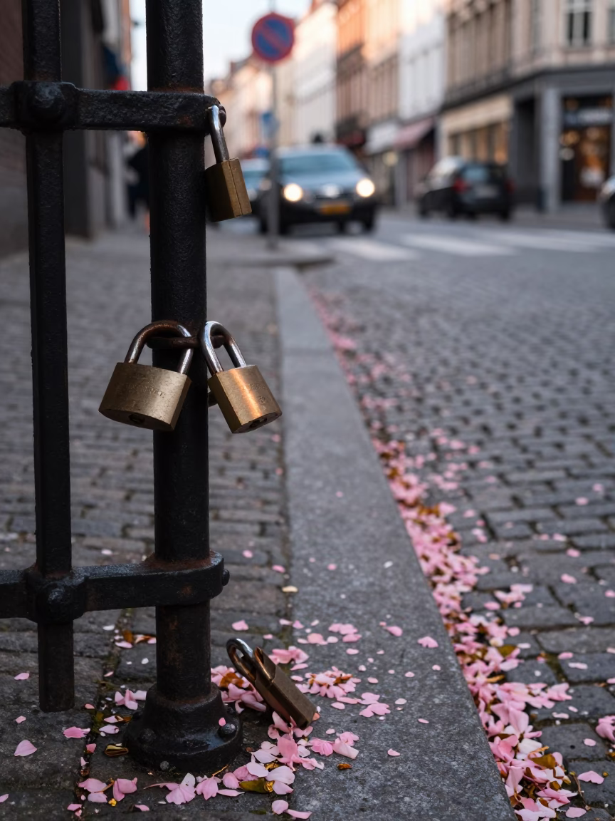 Brussels Belgium late afternoon street scene with padlock on iron gate and fallen petals in in Brussels, Belgium