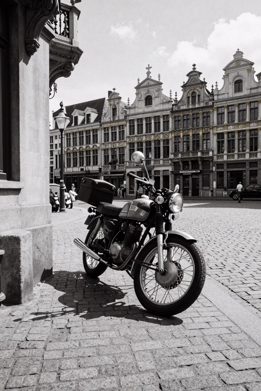 Brussels Belgium Midday Street Scene with Vintage Motorcycle and Stone Architecture in in Brussels, Belgium