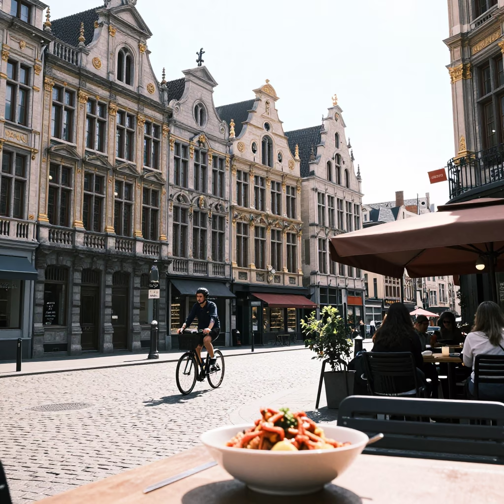 Brussels Belgium Midmorning Street Scene with Traditional Architecture and Daily Life in in Brussels, Belgium