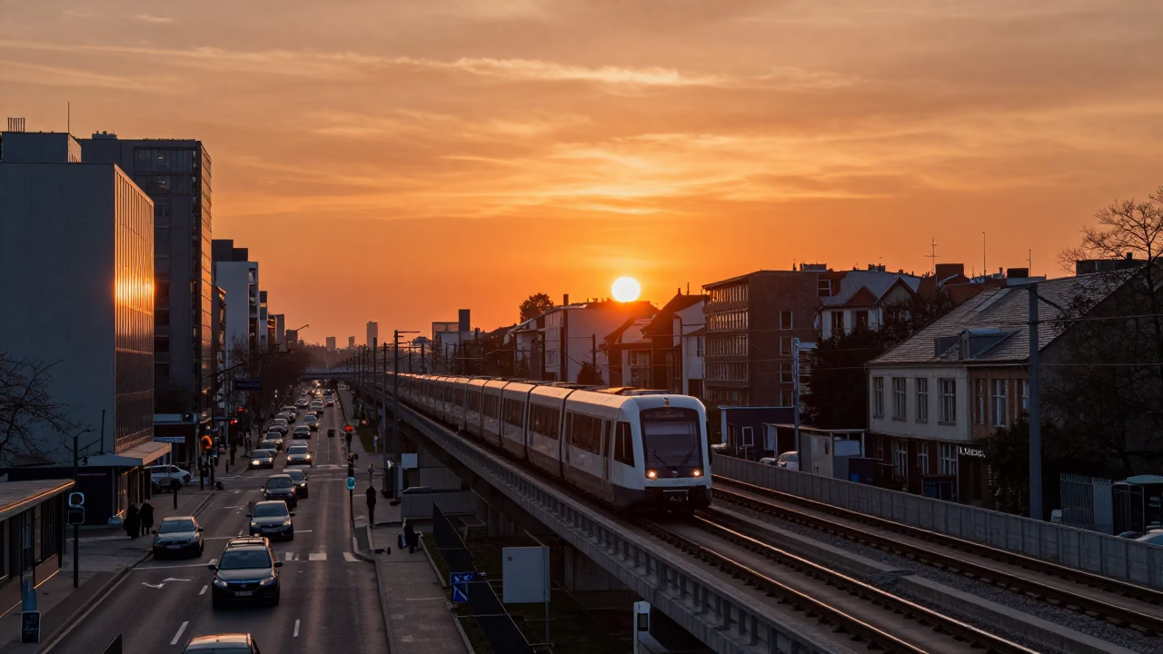 Brussels Belgium Monorail Track Sunset Cityscape and Street Life in in Brussels, Belgium
